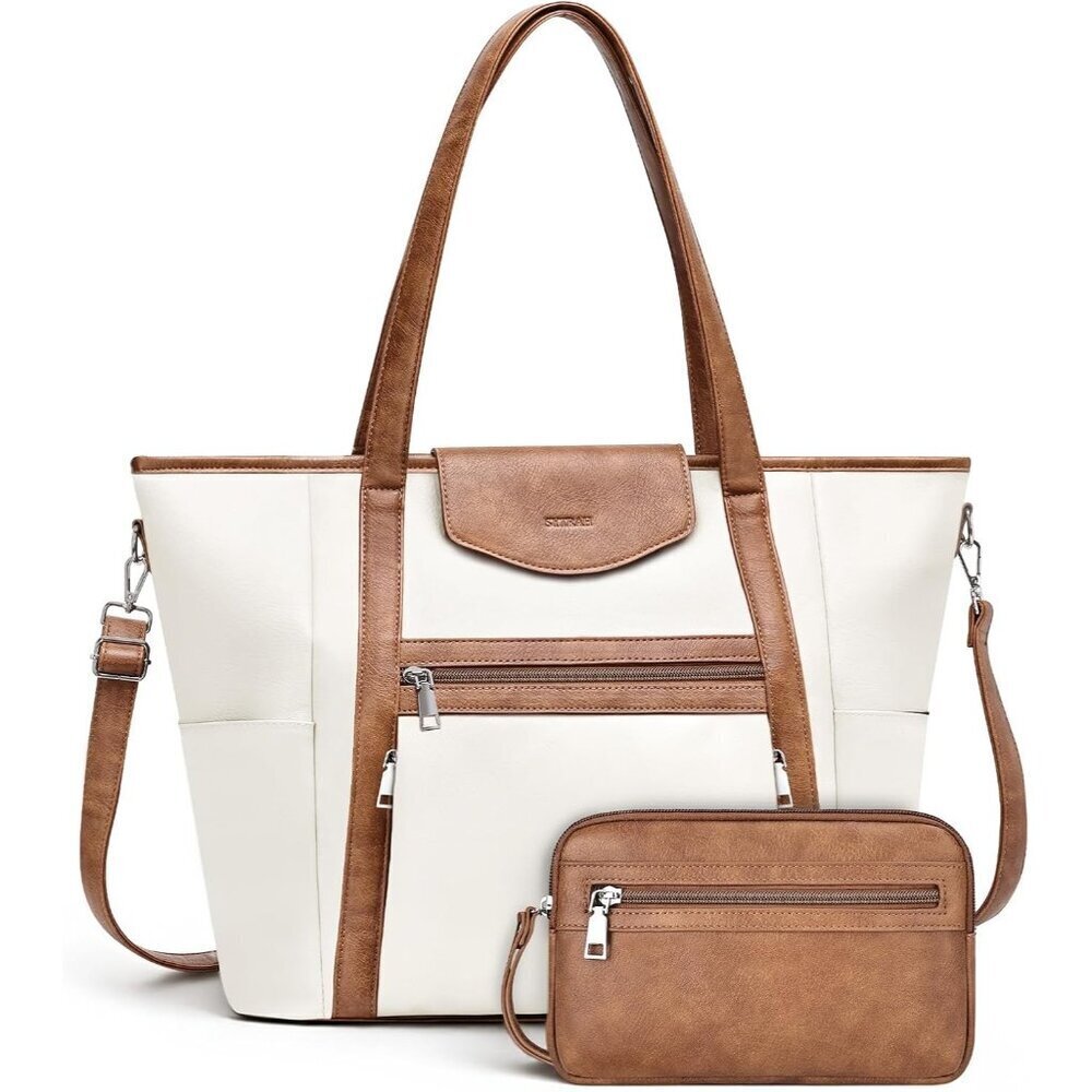 Laptop Beige Brown Bag Women Designer Leather 16in Backpack Tote Satchel Purse